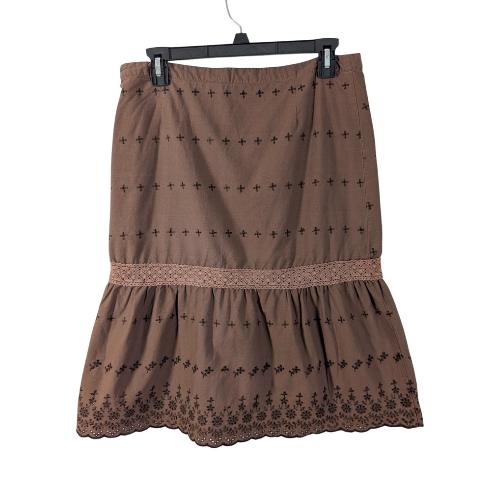 O'Neil Vintage Y2K Boho Earthy Cottagecore Brown Lace Trim Eyelet Midi Skirt